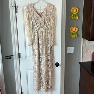 Stunning vintage champagne lace long sleeve faux wrap maxi dress gown boho sz 10
